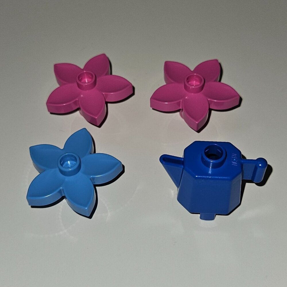 4 Lego Duplo Bricks 2 Pink 1 Blue Flowers Water Pitcher Gardening Toy Lot